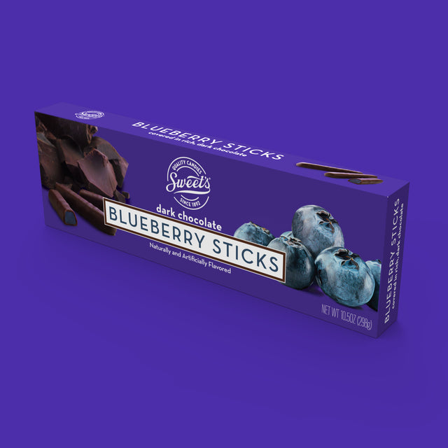 Twenty Seven Hats - Packaging, Graphic Design, and 3D Render for Sweet Candy Company - Dark Chocolate Blueberry Sticks