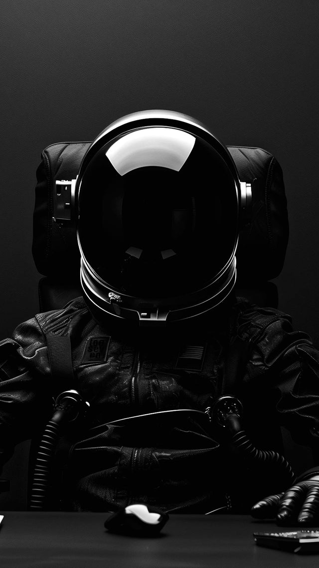 A Headshot of an Astronaut in a black spacesuit sitting at a desk