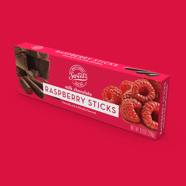 Twenty Seven Hats - Packaging, Graphic Design, and 3D Render for Sweet Candy Company - Milk Chocolate Raspberry Sticks